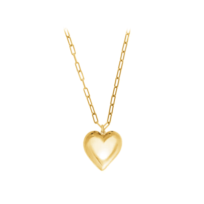 Yellow Gold Plated Sterling Silver Large Puffy Heart Paperclip Necklace