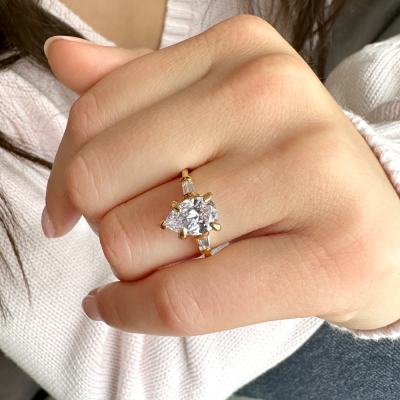 3.10 Ctw Pear CZ & Tapered Baguette Engagement Ring