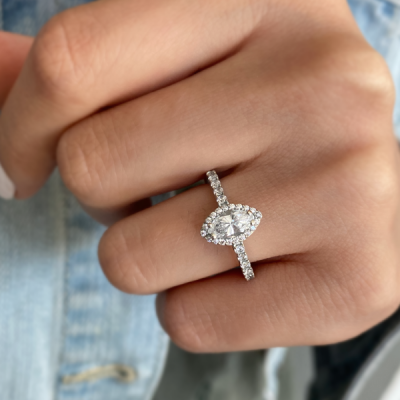 .50 Ct Marquise Moissanite & .40 ctw Diamond Pavé Halo Engagement Ring