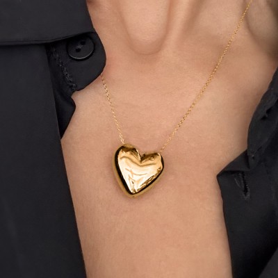 14K Gold Medium Puffy Heart Necklace