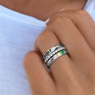 Mama of Three Birthstone Personalized Ring Stack