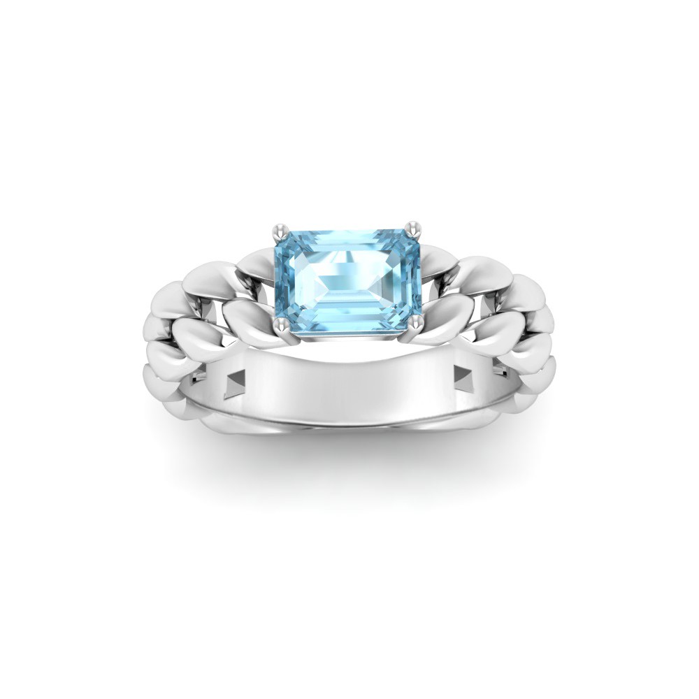 1 Ct Aquamarine Emerald Cut Birthstone Cuban Ring