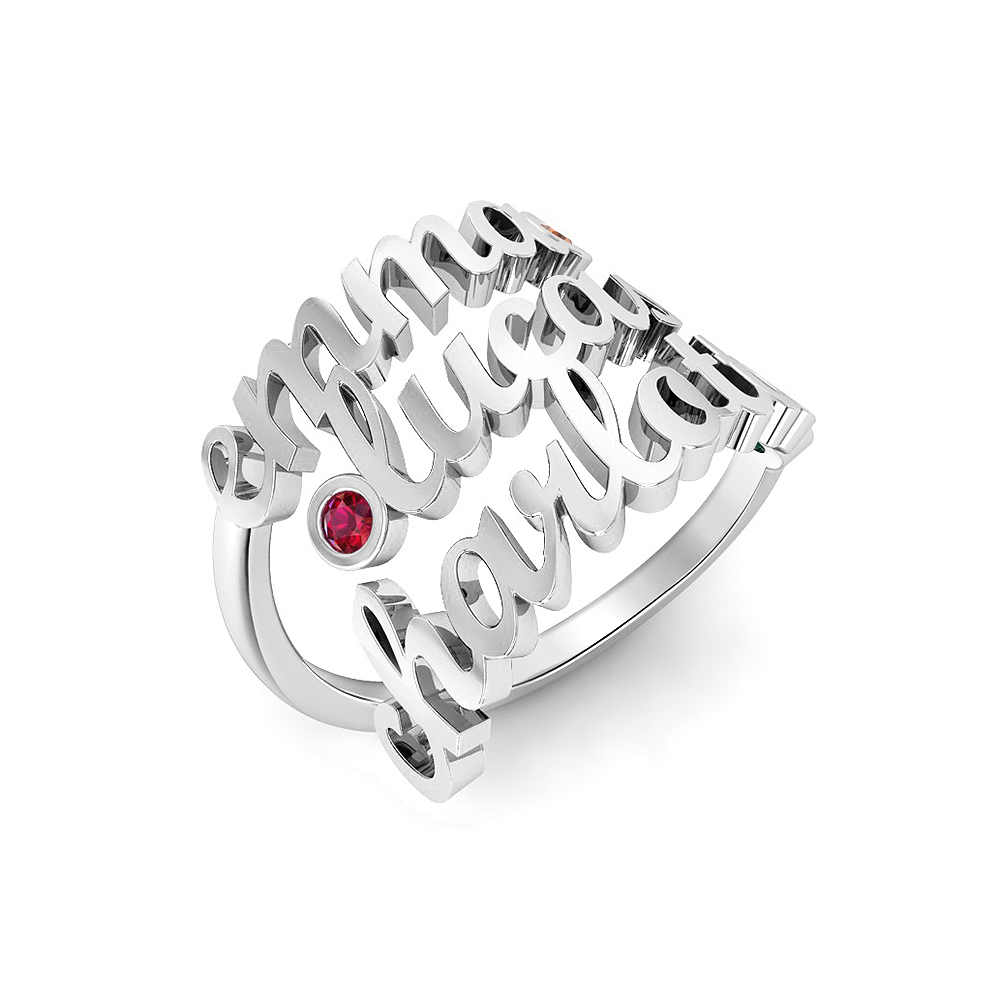 Birthstone Triple Script Name Ring