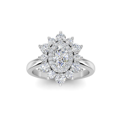 .50 Ct Oval Moissanite & .66 ctw Diamond Sunburst Halo Engagement Ring